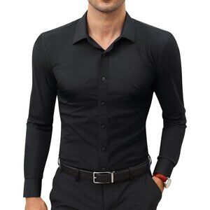 Men's Black Long Sleeve Slim Muscle Fit Wrinkle Free Button Down Dress Shirts